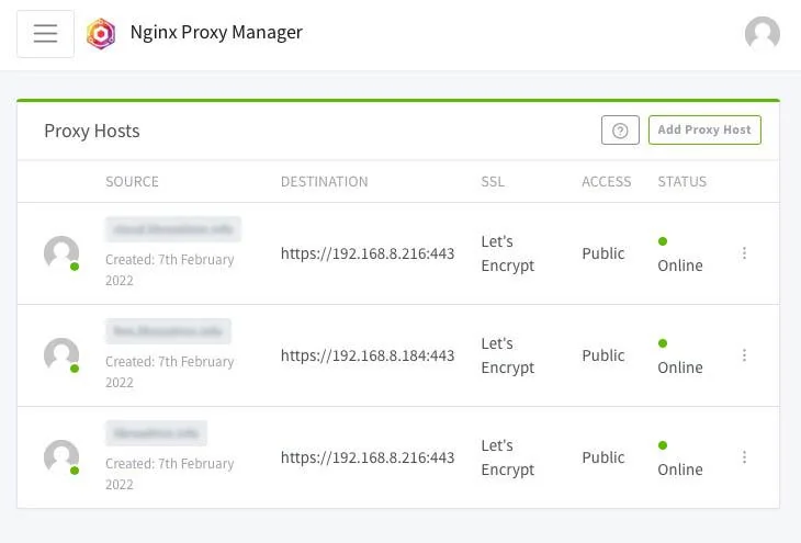 Print de tela do Nginx Proxy Manager